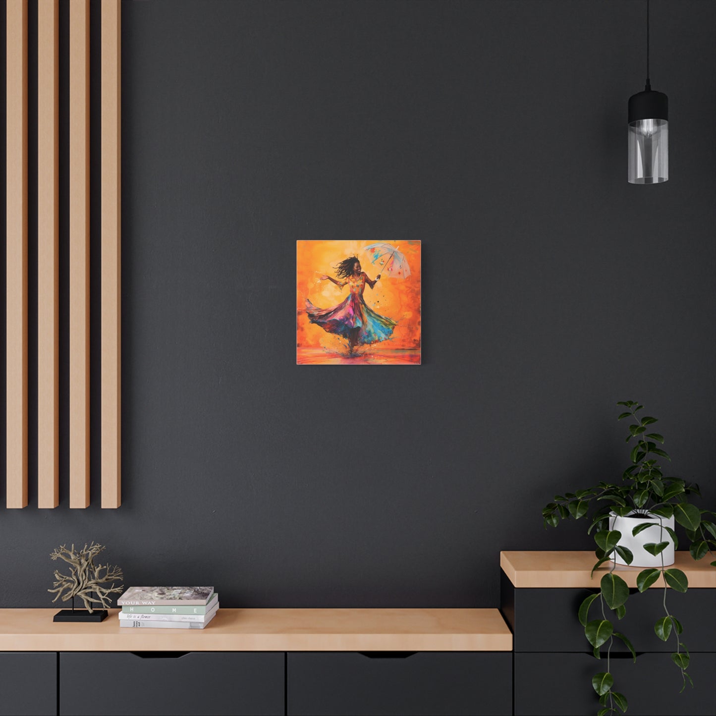 African Woman Dancing in the Rain Canvas Print — Vibrant Umbrella Wall Art