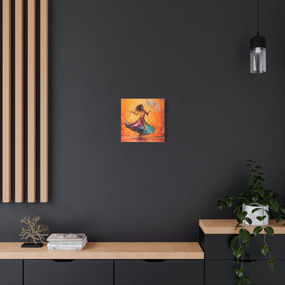 African Woman Dancing in the Rain Canvas Print — Vibrant Umbrella Wall Art