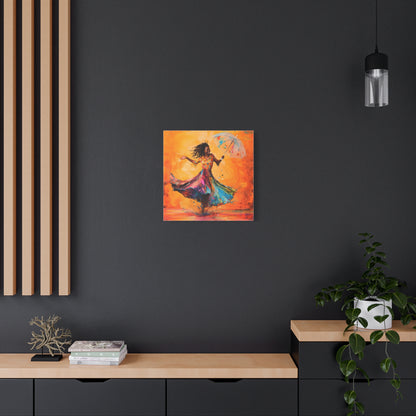 African Woman Dancing in the Rain Canvas Print — Vibrant Umbrella Wall Art