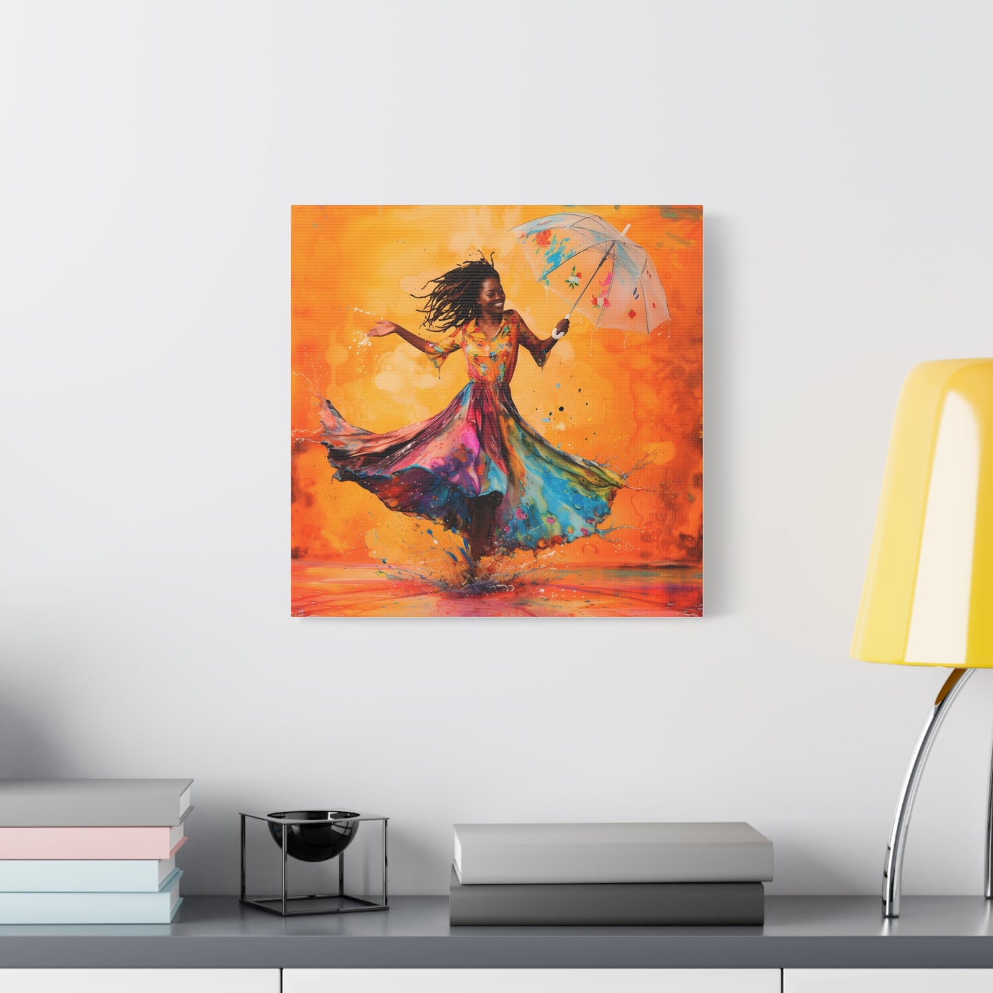 African Woman Dancing in the Rain Canvas Print — Vibrant Umbrella Wall Art