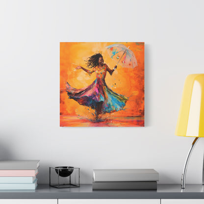 African Woman Dancing in the Rain Canvas Print — Vibrant Umbrella Wall Art
