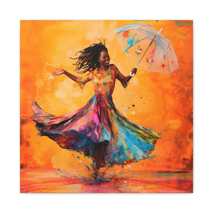 African Woman Dancing in the Rain Canvas Print — Vibrant Umbrella Wall Art