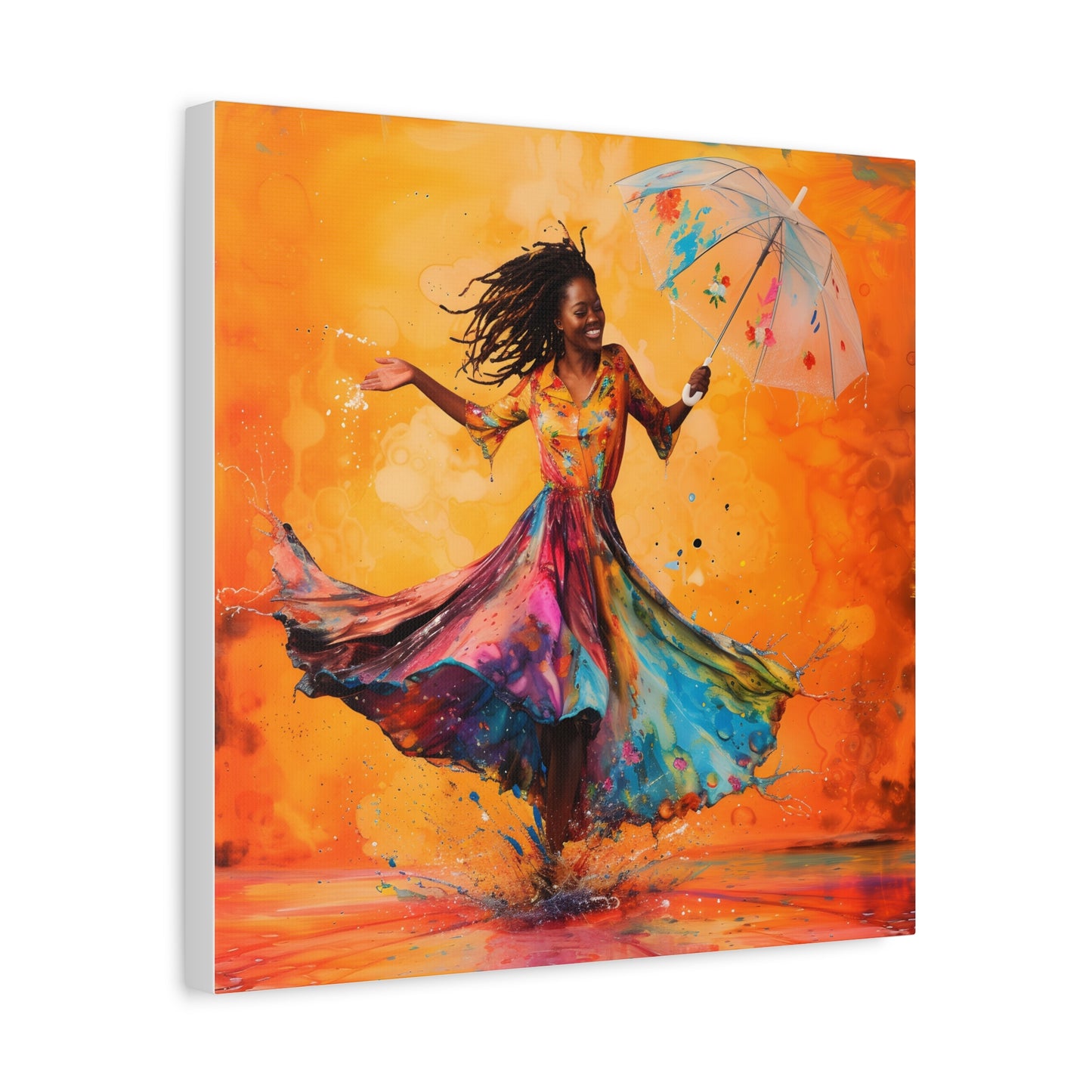 African Woman Dancing in the Rain Canvas Print — Vibrant Umbrella Wall Art