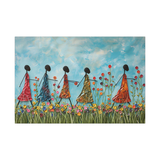 African Women Walking Floral Canvas Art Wrap — Colorful Textured Wall Decor